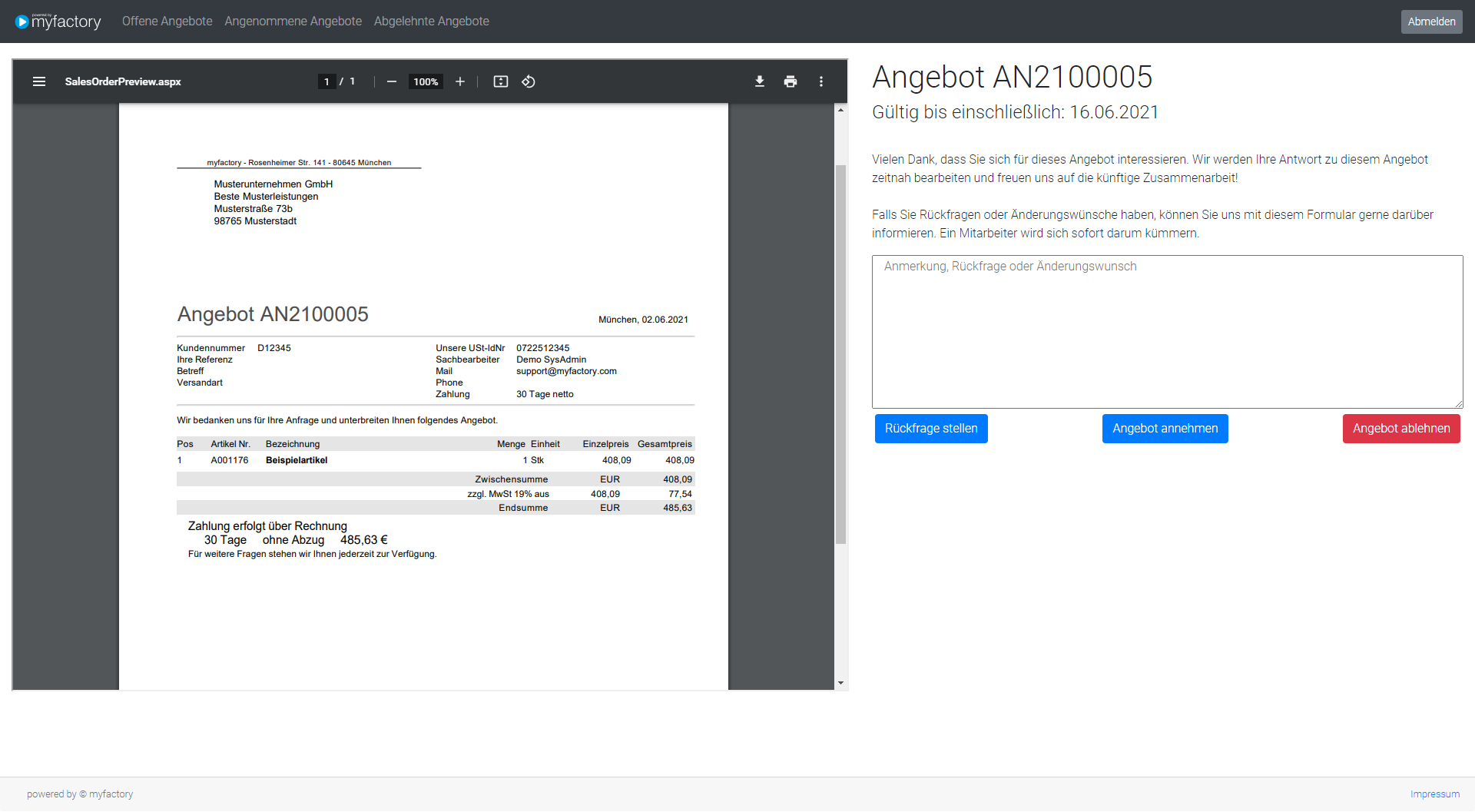 myfactory Service Pack 1129: Neue Funktion 'Offene Angebote Portal'